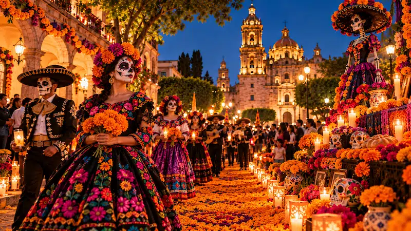 Desfile de catrines y catrina con vestidos regionales caminados sobre un camino de petalos de cempasuchil en una plaza iluminada.