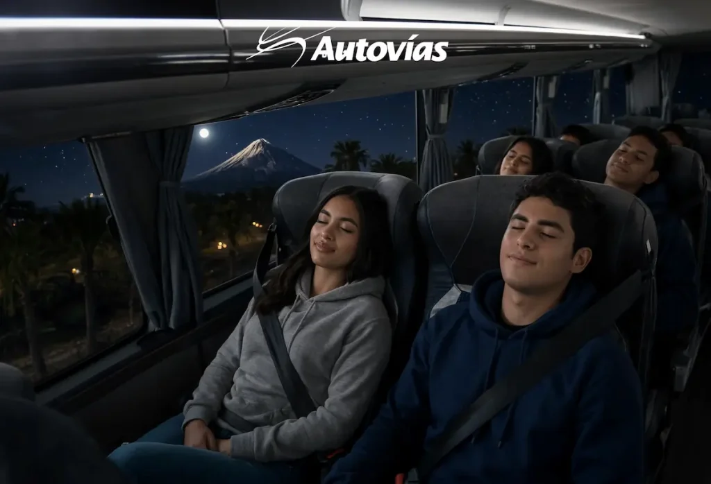 Pasajeros descansando en asientos de lujo de Autovías La Línea con vista nocturna a un volcán iluminado por la luna.