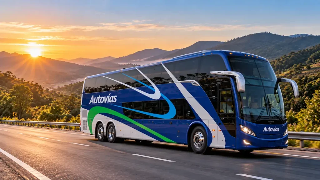 Autobús de dos pisos marca Autovías circulando por una carretera entre montañas durante el amanecer.
