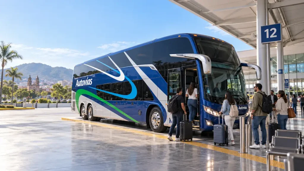 Pasajeros con maletas abordando un autobús de doble piso Autovías en el andén 12 de una terminal.