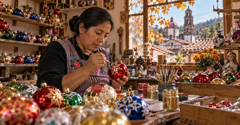 Mujer artesana pintando a mano una esfera navideña roja en un taller decorado con esferas de colores y vista a la iglesia de Tlalpujahua.