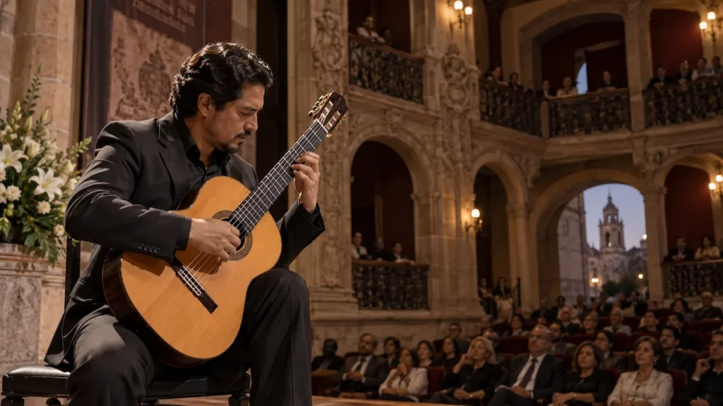 Músico con funda de guitarra y maleta caminando hacia un autobús de dos pisos Autovías en Morelia al atardecer.