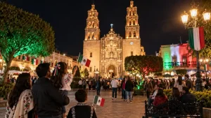 Familia celebrando las fiestas patrias con banderas de México frente a la parroquia iluminada de Dolores Hidalgo.