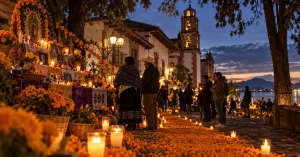 Altar tradicional de Día de Muertos decorado con flores de cempasúchil, veladoras y fotografías en una calle empedrada de Pátzcuaro al atardecer.
