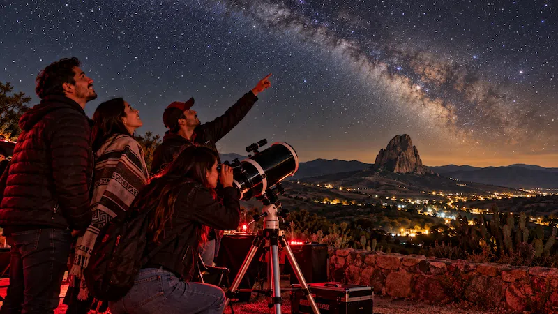 Familia observando el espacio con un telescopio durante una exposición astronómica en un planetaorio al atardecer.