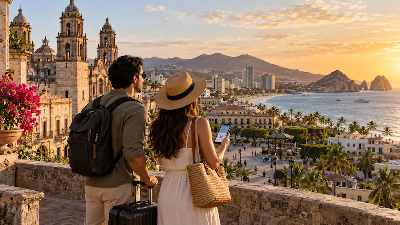 Pareja de turistas con mochilas y equipaje contemplando una vista panorámica colonial y costera al atardecer.