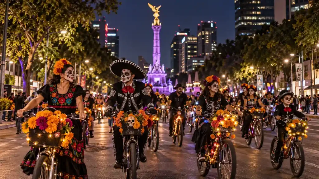 Ciclistas caracterizados como catrines y catrina participando en el paseo nocturno de Día de Muertos sobre Paseo de la Reforma.