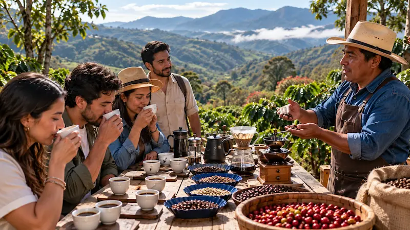 Recolectora cosechando cerezas rojas de café a mano en una plantación cafetalera con paisaje montañoso.