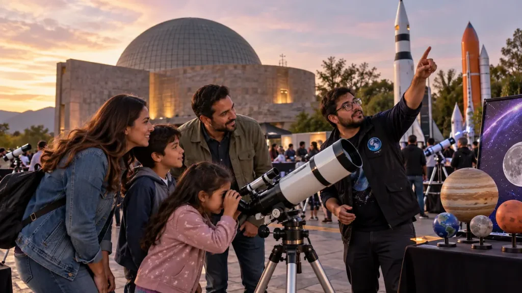 Grupo de personas observando el cielo nocturno con un telescopio profesional cerca de la Peña de Bernal en Querétaro.