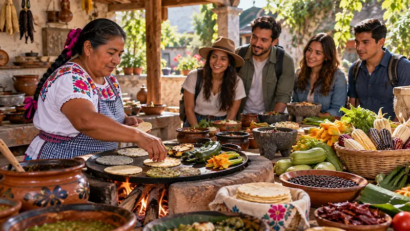 Cocinera tradicional preparando tortillas a mano en un comal de barro mientras un grupo de turistas observa.