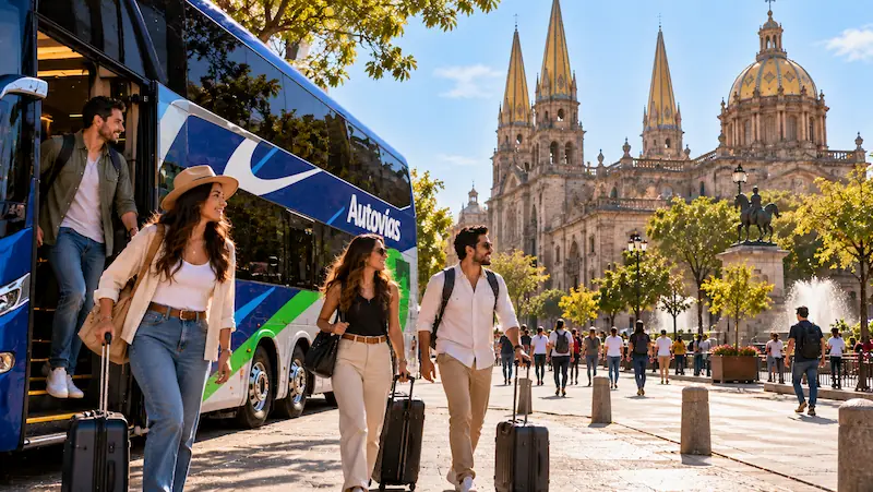 Turistas descendiendo de un autobús de Autovías frente a la Catedral de Guadalajara.