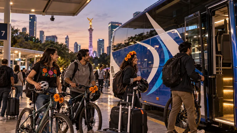 Grupo de jóvenes viajeros con bicicletas y equipaje abordando un autobús turistico al atardecer en la Ciudad de México.