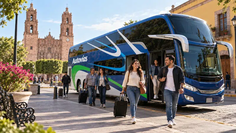 Pasajeros descendiendo con equipaje de un autobús de dos pisos Autovías en el centro histórico de Guanajuato.