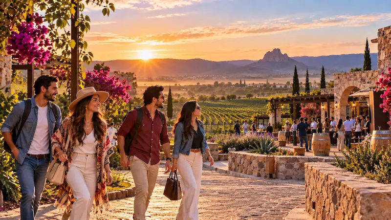 Grupo de amigos caminando por un viñedo en Querétaro con vista a la Peña de Bernal durante el atardecer.