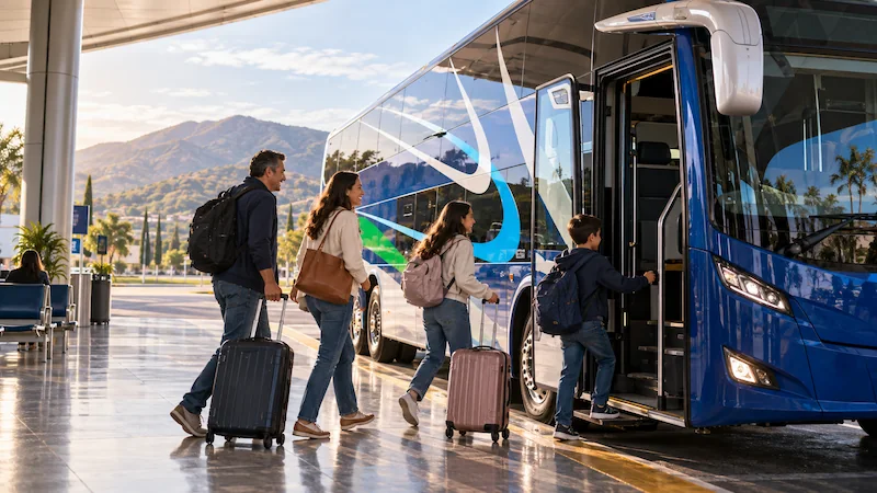 Familia con maletas abordando un autobús azul de pasajeros en una terminal de autobuses moderna.