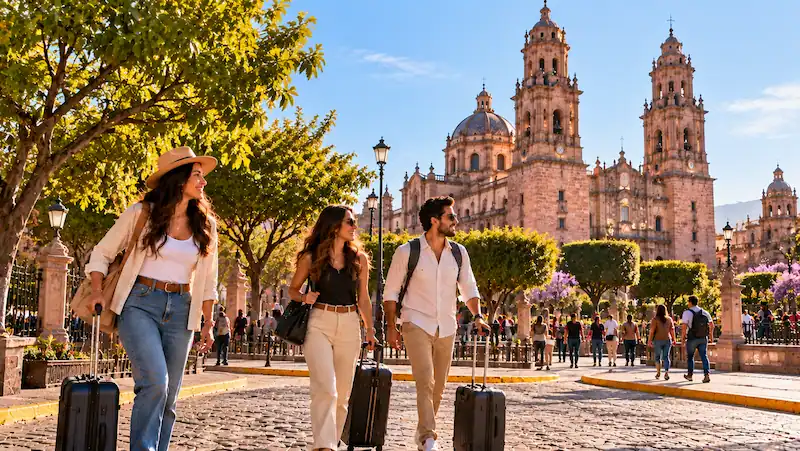 Grupo de tres turistas caminando con sus maletas sobre una calle empedrada en el centro histórico de Morelia frente a la Catedral.