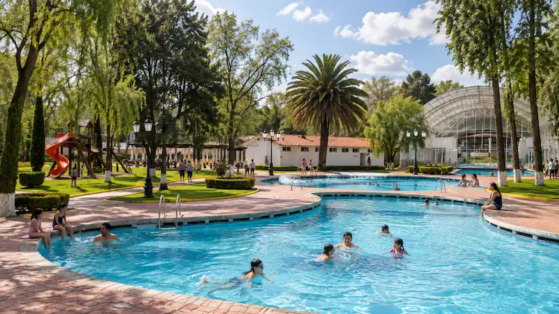 Personas y familias nadando en las albercas al aire libre del Parque Las Fuentes rodeadas de áreas verdes.