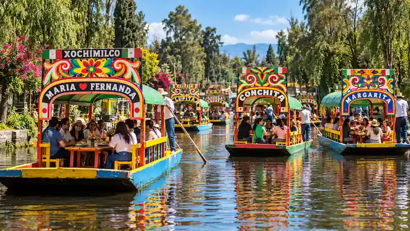 Trajineras coloridas navegando por los canales de Xochimilco con pasajeros a bordo.