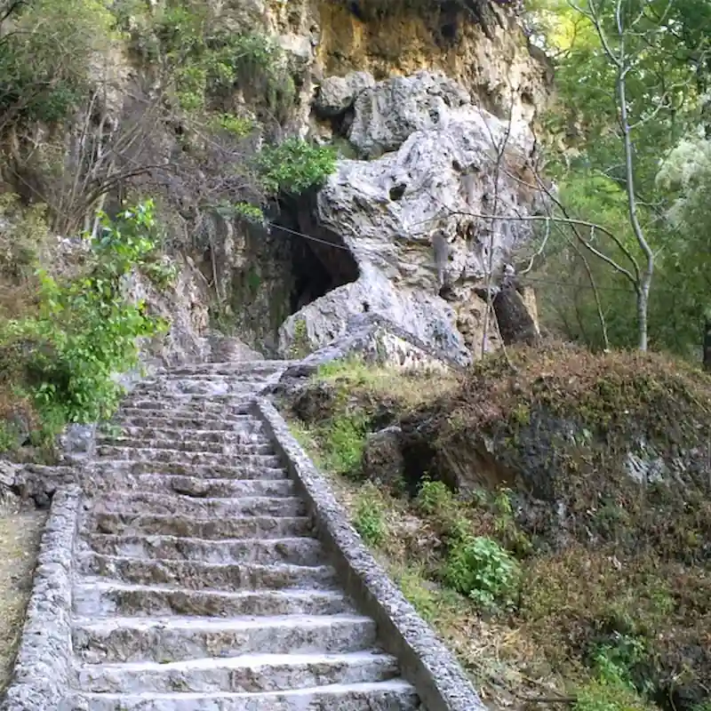 Escalinata de piedra que sube hacia la entrada de una cueva o gruta en una pared rocosa rodeada de vegetación.