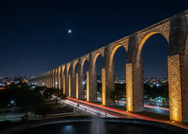 Arcada del Acueducto de Querétaro iluminada de noche con estelas de luz vehicular y la luna creciente en el cielo.