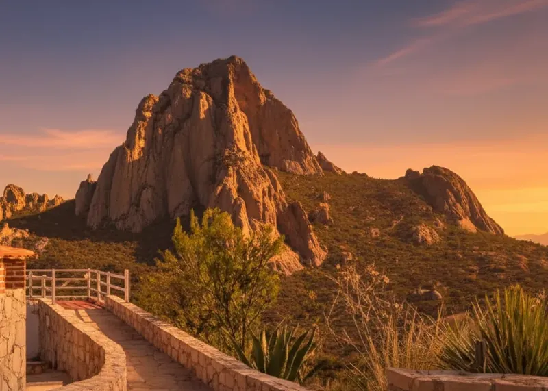 Vista del monolito de la Peña de Bernal iluminado por la luz dorada del atardecer desde un mirador.