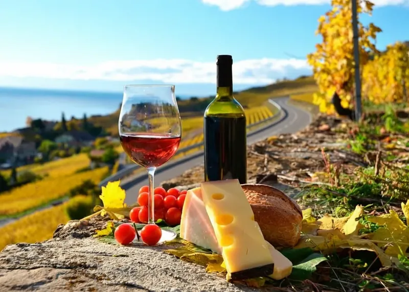 Copa de vino tinto, botella, queso y uvas dispuestos sobre una piedra con un viñedo al fondo.
