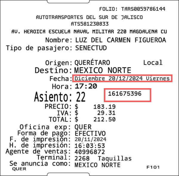 Número de operación en boleto Autovías