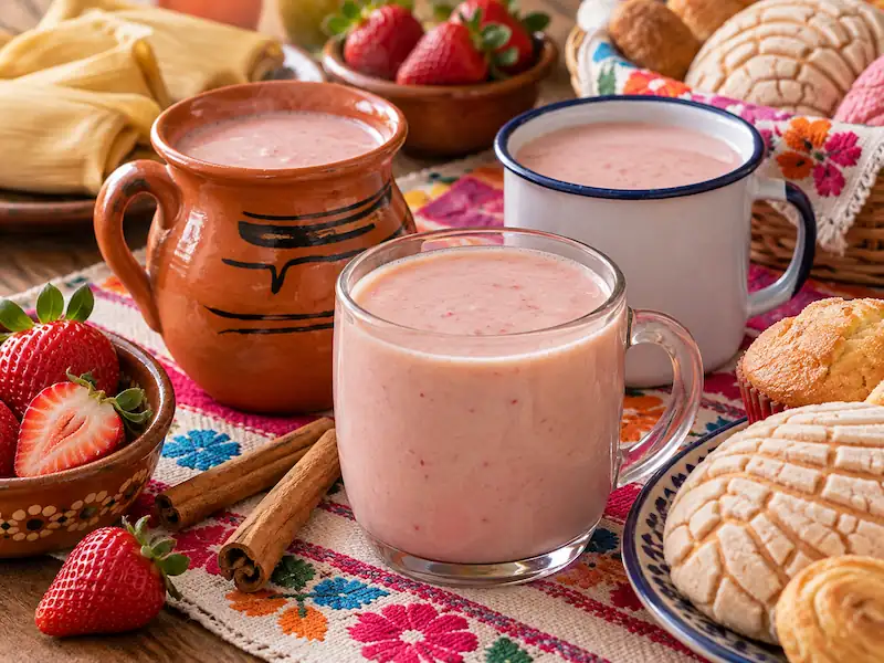 Tazas de atole de fresa acompañadas de pan dulce, fresas frescas y varas de canela.