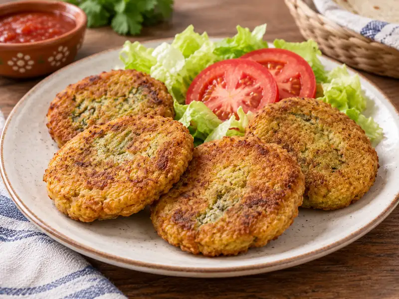 Platillo con tortitas de haba doradas acompañadas de ensalada de lechuga y jitomate.