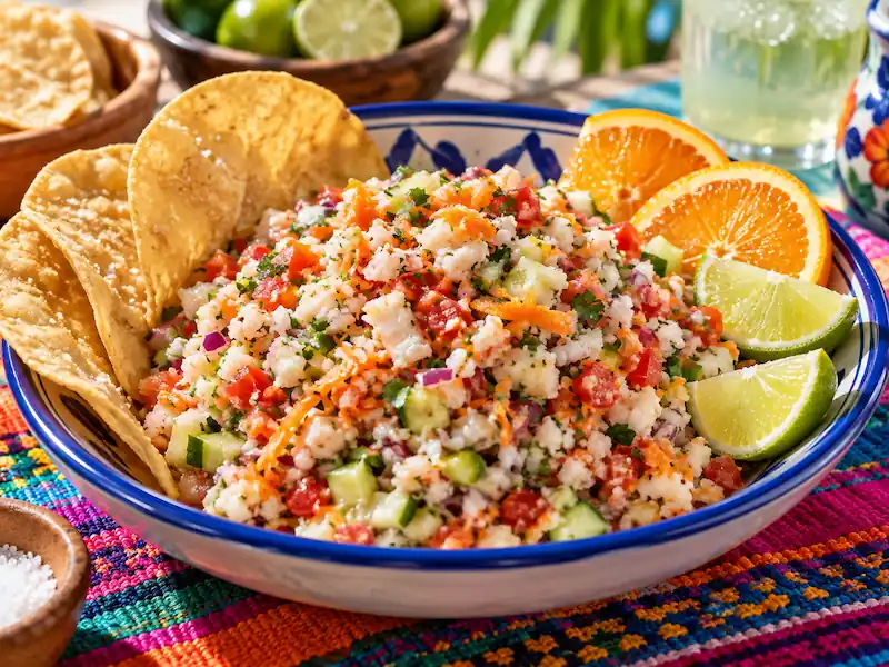 Plato con ceviche colimense servido con tostadas de maíz, rodajas de naranja y limón.