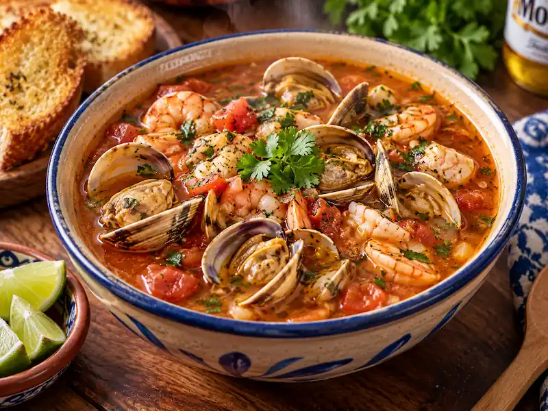 Cazuela de sopa de mariscos con almejas y camarones acompañada de pan tostado con ajo.