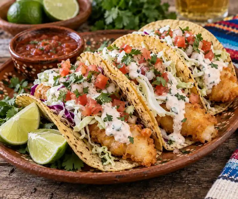 Tacos de pescado empanizado con col, salsa de crema y jitomate sobre plato de barro.