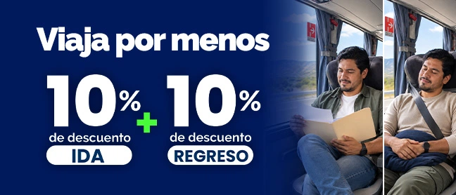 Imagen mostrando descuentos del 10% de ida y 10% de regreso comprando en líinea